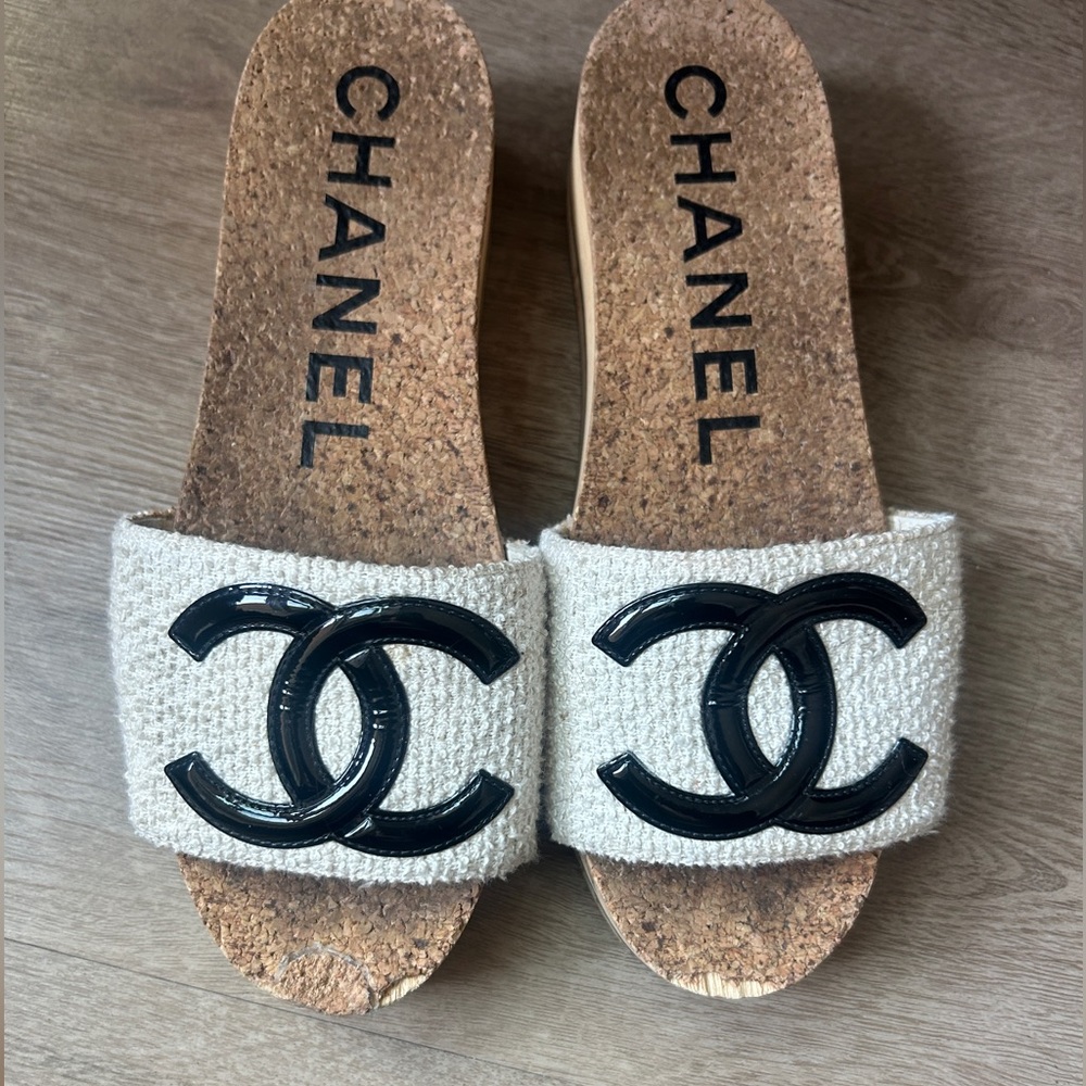 CHANEL Tweed Logo wood & cork wedge sandals  Size 37 (US 6.5=7)